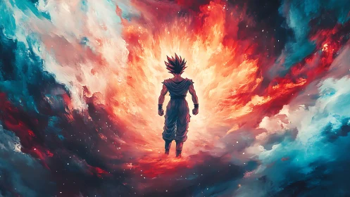 Lone cosmic warrior stepping into a roaring nebula sky.