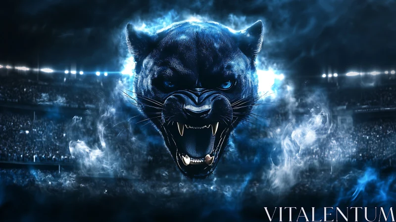 Black Panther with Electric Blue Aura in Stadium.