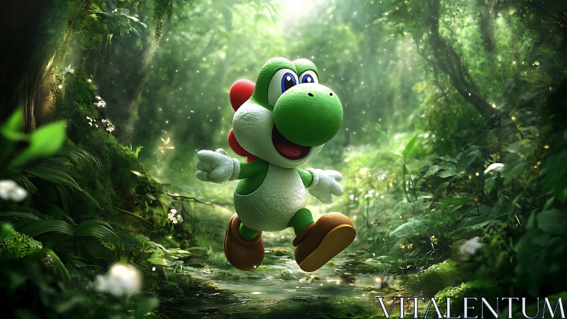 Yoshi Leaps Through Enchanted Forest Stream.