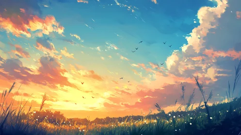 Digital painting twilight meadow with expansive cloud architecture.