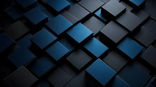Sleek blue and black cubes create a calm geometric rhythm