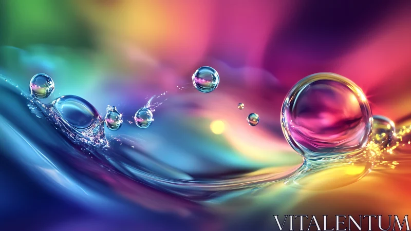 Glowing rainbow water droplets dance across a dreamy wave