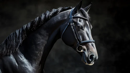 Black dressage horse portrait uses high-contrast studio lighting