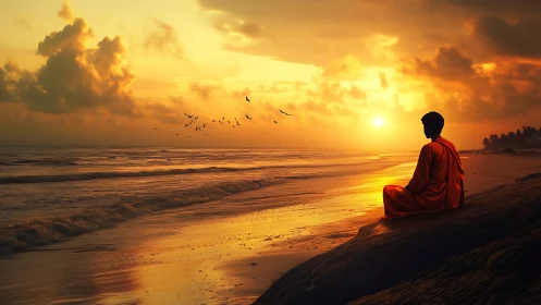 Photorealistic monk silhouette at meditative sunset shoreline.
