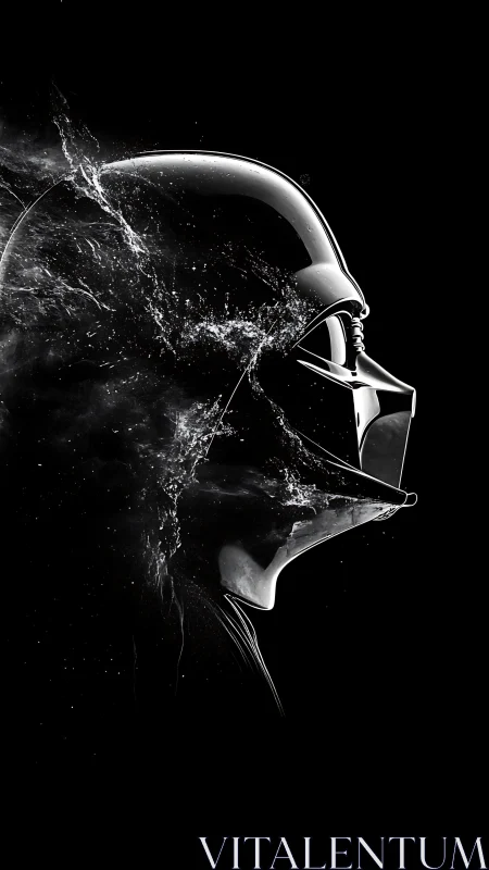 Monochrome sci fi helmet profile with dissolving water effect.