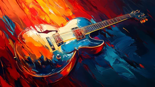 Electric guitar over fiery cool abstract oil waves.