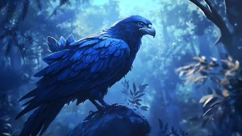 Majestic Blue Bird Perched in Mystical Forest, Digital Art Style.