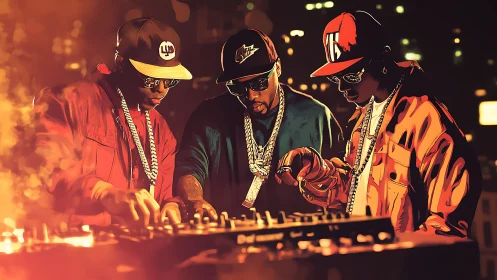 Nighttime DJ crew mixing beats in a glowing city haze.