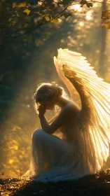 Winged female figure seated in forest light at dusk.