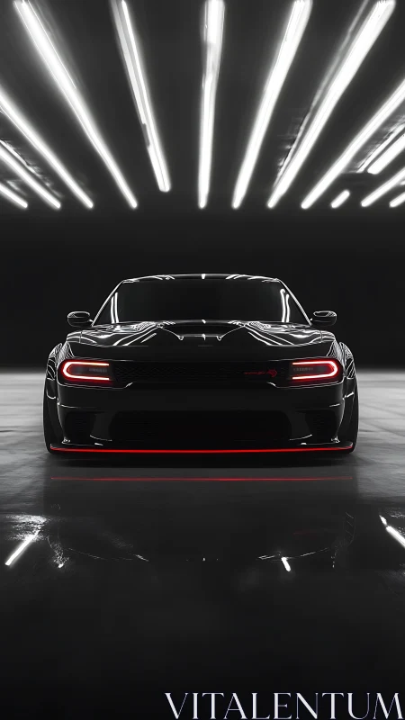 Low-slung black muscle car glows under futuristic strip lights.