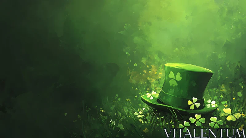 Emerald leprechaun hat resting in shamrock meadow at dusk.