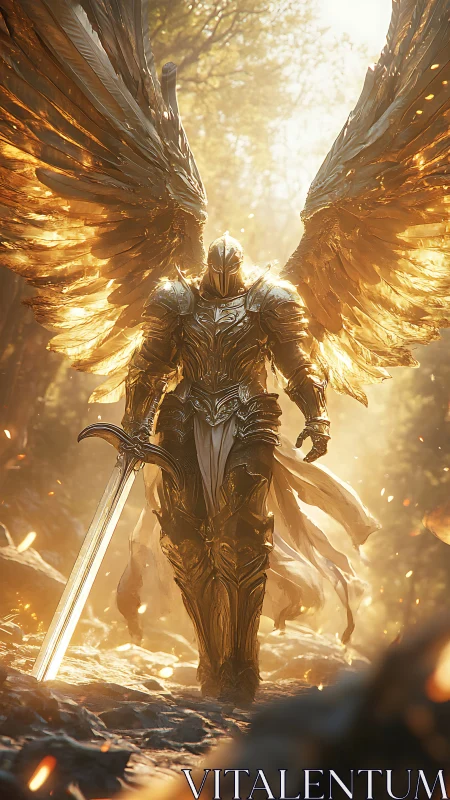 Radiant seraphic warlord in gilded plate with flaming wings.