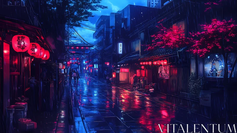 Rain-soaked neon alleyway captures cinematic nocturnal atmosphere