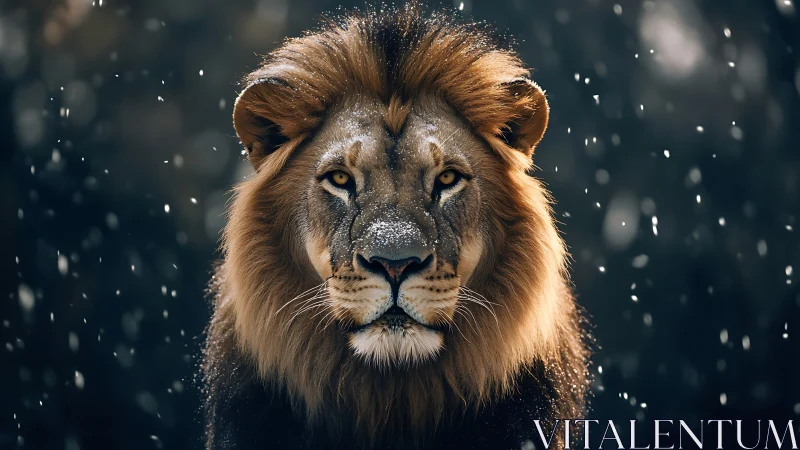 Male lion stands frontally under falling snowflakes