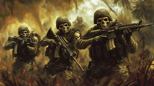 Skull-masked assault squad advances through toxic-hued jungle