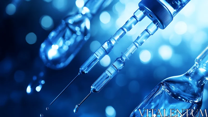 Glass droppers dispense liquid above blue pharmaceutical vials