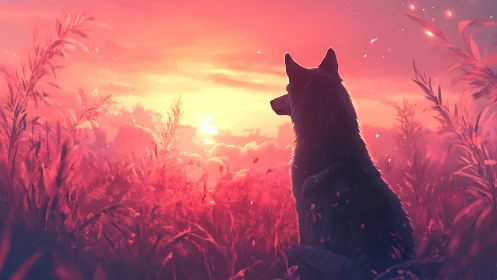 Solitary wolf watches radiant sunset over glowing meadow
