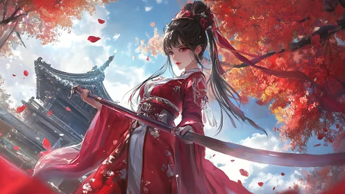 Sword maiden dominates crimson autumn temple courtyard.