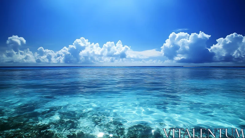 Clear shallow sea under cumulus cloud band and blue sky.