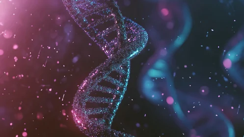 Glowing DNA helix drifting through a dreamy neon galaxy.