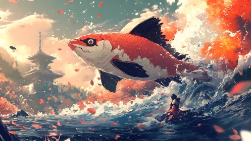 Colossal koi leaping through storm waves before distant pagoda