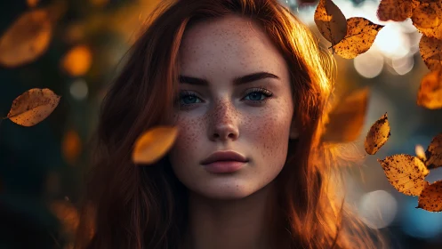 Autumn-lit redhead portrait amid drifting golden leaves.