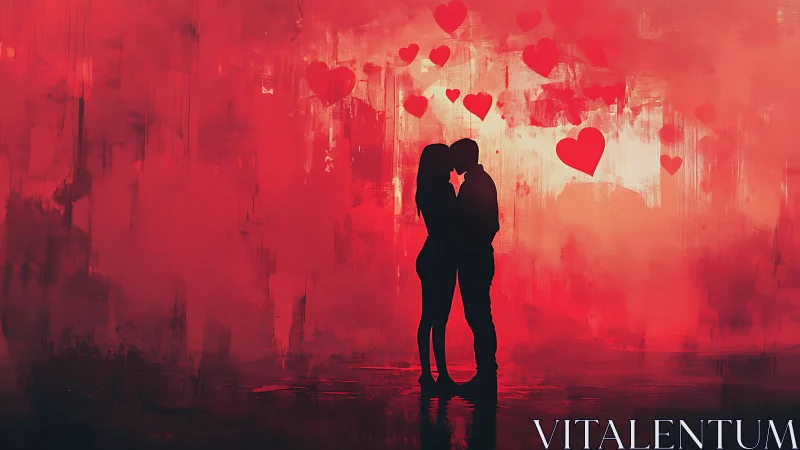 Silhouetted couple kissing against luminous heart motifs in red atmospheric landscape.