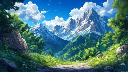 Sunlit mountain valley path leading into peaceful blue skies.