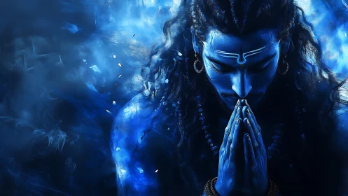 Sacred blue figure bows in calm, luminous cosmic prayer