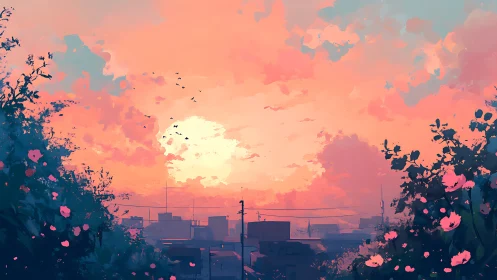 Soft city sunset wrapped in coral clouds and quiet blooms.
