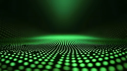 Abstract green glowing dots on dark futuristic digital landscape.