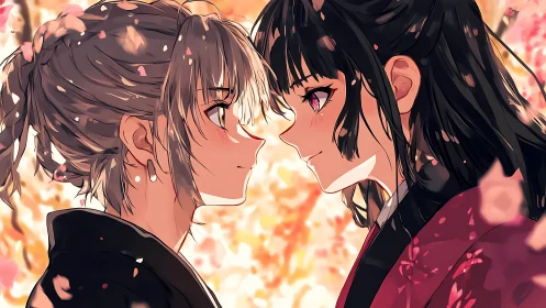 Romantic anime profile portrait under falling sakura petals.