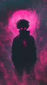 Backlit neon silhouette before radiant magenta eclipse portal.