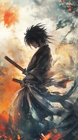 Stormlit ronin pauses as painted fire and mist collide