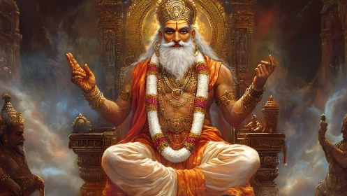 Divine sage on ornate golden throne in luminous temple haze