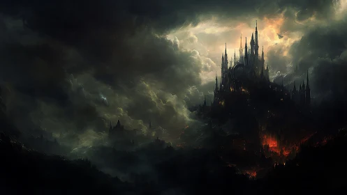 Stormlit dark fortress rising above a glowing fiery valley.