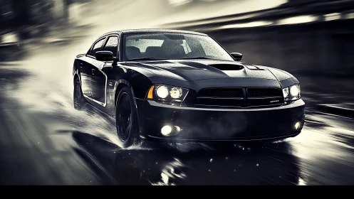 Black muscle car drives fast on wet city road at night