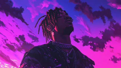 Twilight glow around a dreaming figure in neon skies.