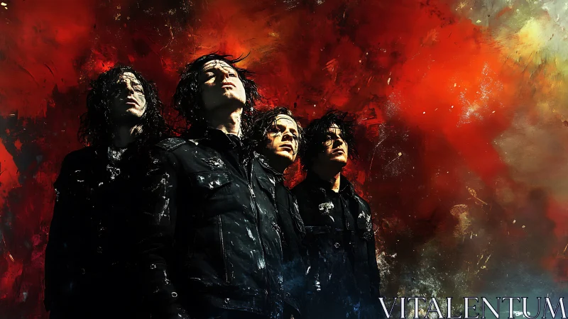 Moody rock band under a stormy, fire-bright painted sky.