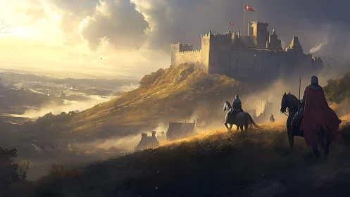 Armored riders approach hilltop stone fortress at dusk.