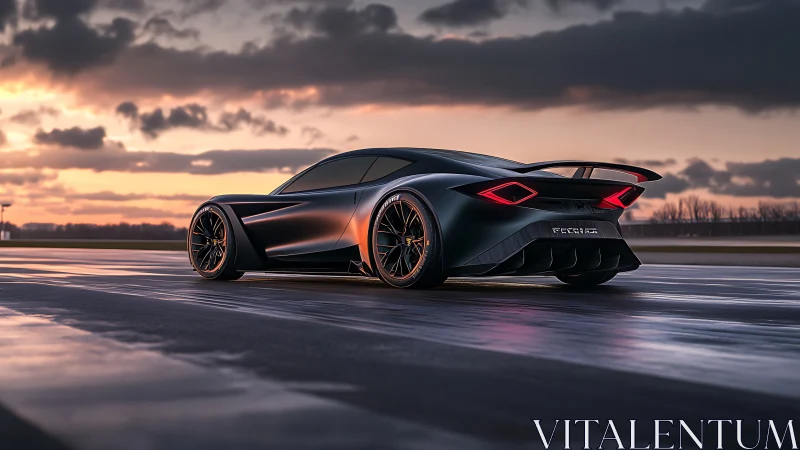 Sleek sunset supercar poised on a glistening open road.
