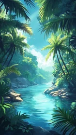 Tropical river cutting through dense palm forest canopy.