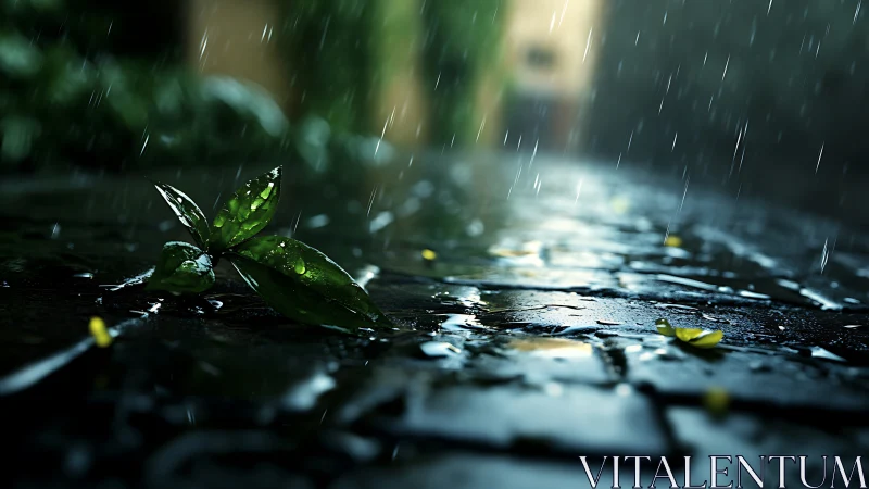 Macro view of rain-soaked leaf sprout on reflective cobblestone