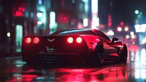 Aerodynamic red coupe under neon reflections in rainy nightscape.