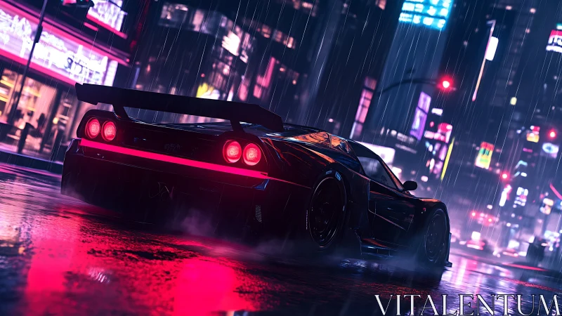 Low-angle neon-lit supercar in rain-soaked cyberpunk street scene
