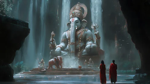 Large elephant-headed statue is positioned before waterfalls