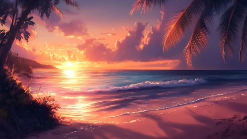 Sunset-lit tropical shoreline with volumetric clouds and specular surf