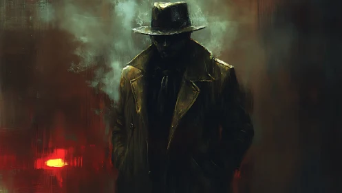 Mysterious trench coat figure in smoky, red lit alleyway.