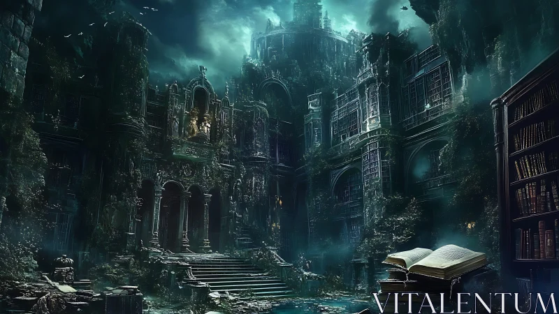 Ruined multi‑level library complex stands in misty light