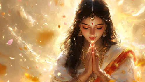 Digital portrait of praying woman in saree with golden bokeh